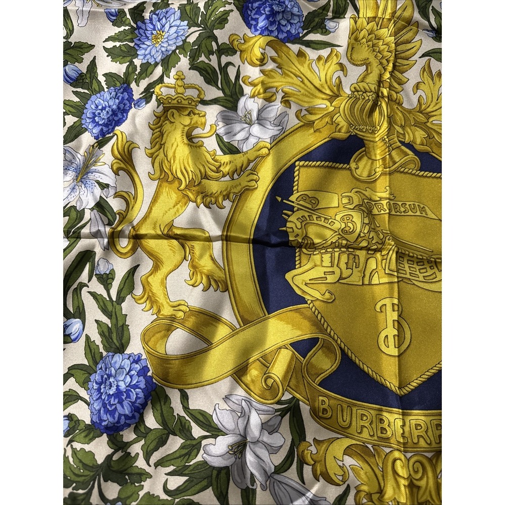 Vintage Burberry Large Coat Of Arms Lion Floral Silk Scarf Vintage - Picture 9 of 14